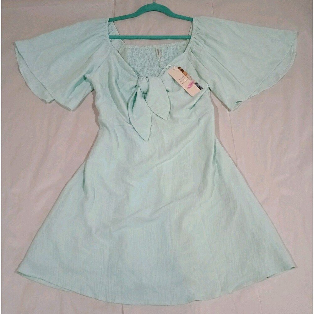 Dokotoo Mint Green Ruffle Flutter Sleeve Knot Front Mini Dress NWT Size L